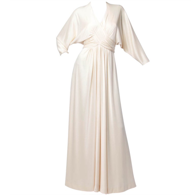 Estevez Vintage 1970s 70s Draped Batwing Goddess Maxi Dress in Cream Jersey Knit