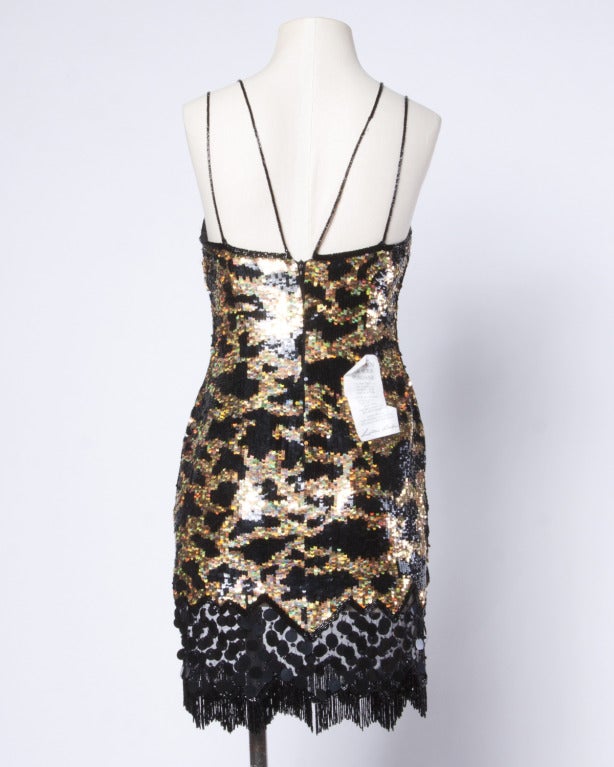 Unworn Lillie Rubin Metallic Gold Sequin Beaded Fringe Leopard Silk Dress In New Condition In Sparks, NV