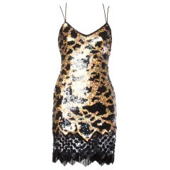 Unworn Lillie Rubin Metallic Gold Sequin Beaded Fringe Leopard Silk Dress