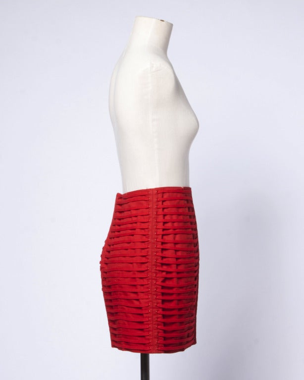 Krizia 1990s Vintage Red 3D Avant Garde Rivet + Shoe String Striped Mini Skirt In Excellent Condition In Sparks, NV