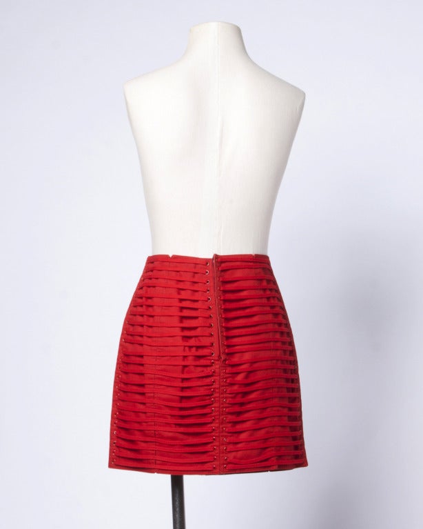 Women's Krizia 1990s Vintage Red 3D Avant Garde Rivet + Shoe String Striped Mini Skirt