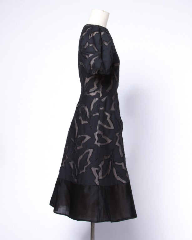 Arnold Scaasi Vintage 1980s Black Cut Out Leaves Nude Illusion Silk Dress In Excellent Condition In Sparks, NV