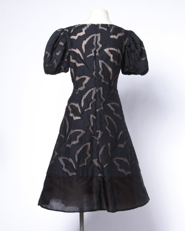 Women's Arnold Scaasi Vintage 1980s Black Cut Out Leaves Nude Illusion Silk Dress