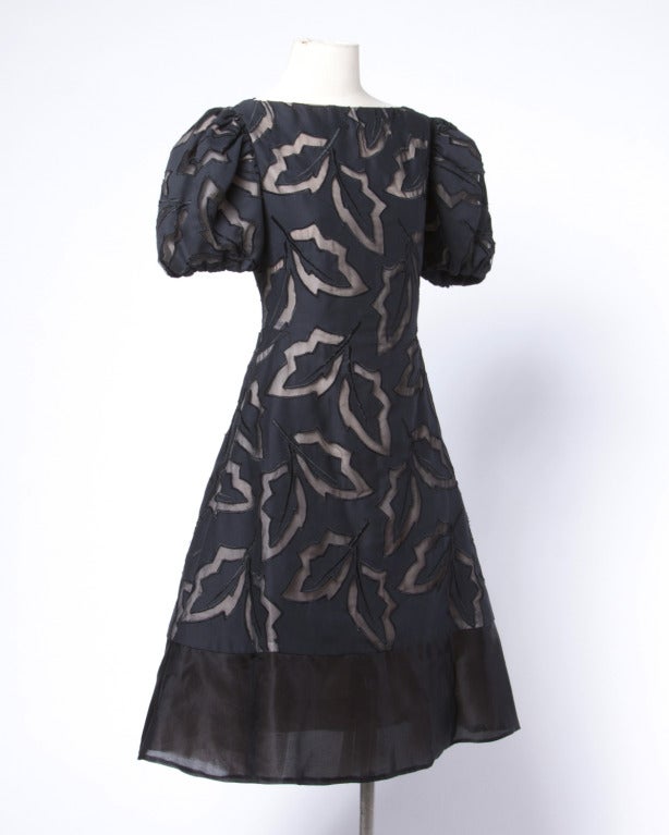 Arnold Scaasi Vintage 1980s Black Cut Out Leaves Nude Illusion Silk Dress 1