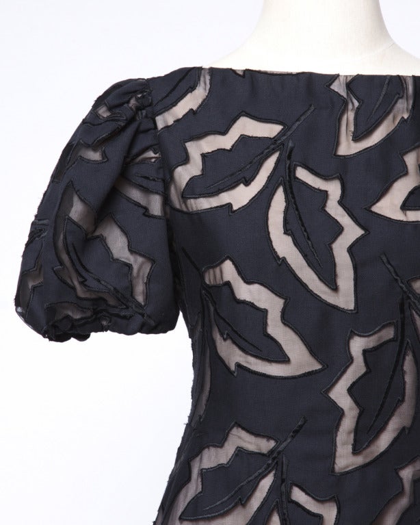 Arnold Scaasi Vintage 1980s Black Cut Out Leaves Nude Illusion Silk Dress 2