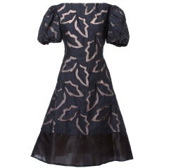 Arnold Scaasi Vintage 1980s Black Cut Out Leaves Nude Illusion Silk Dress
