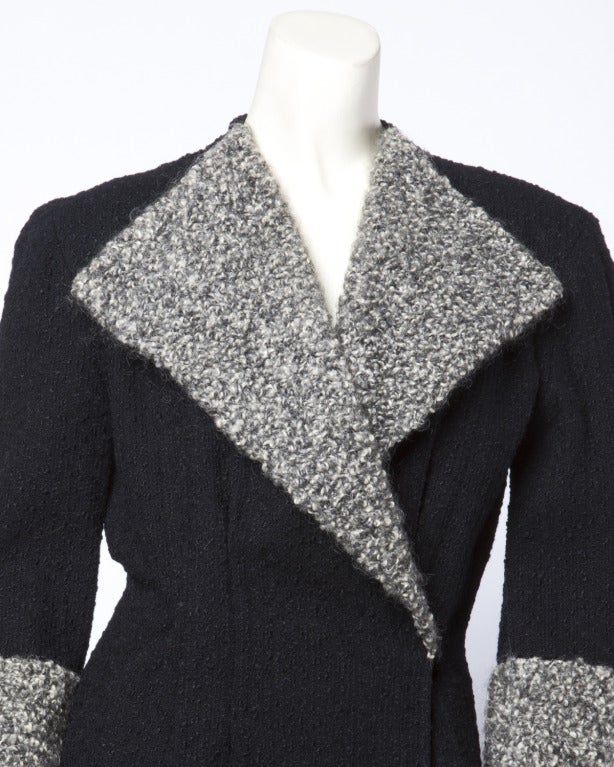 Vintage 1940s 40s Gray + Black Boucle Wool Fit and Flare Princess Coat