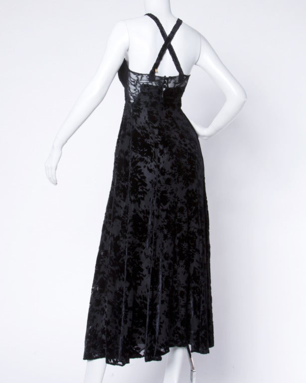 Sonia Rykiel 1990s Black Burnout Velvet Halter Cut Out Lace Maxi Dress In Excellent Condition For Sale In Sparks, NV