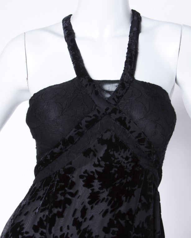 Sonia Rykiel 1990s Black Burnout Velvet Halter Cut Out Lace Maxi Dress For Sale 1