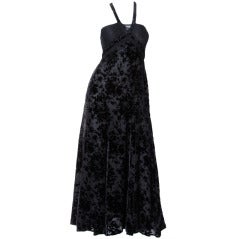Sonia Rykiel 1990s Black Burnout Velvet Halter Cut Out Lace Maxi Dress