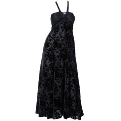 Vintage Sonia Rykiel 1990s Black Burnout Velvet Halter Cut Out Lace Maxi Dress