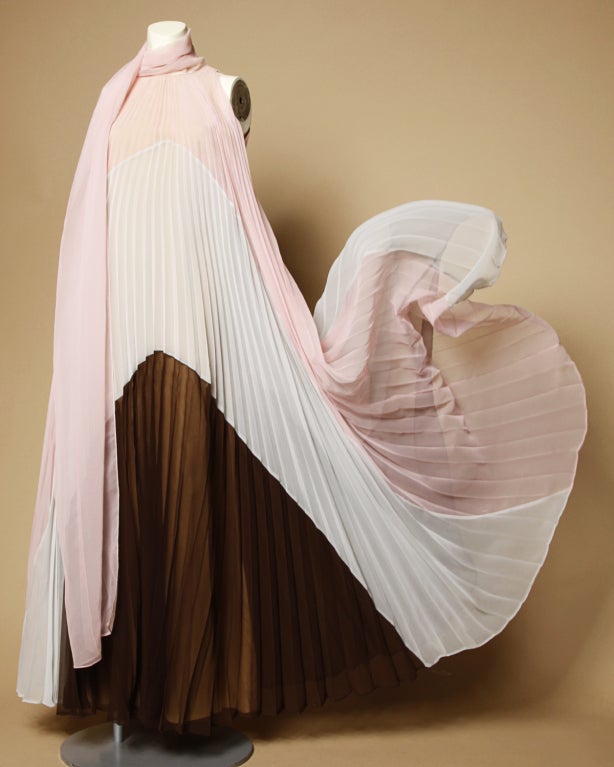 Vintage Travilla Pleated Chiffon Maxi Dress