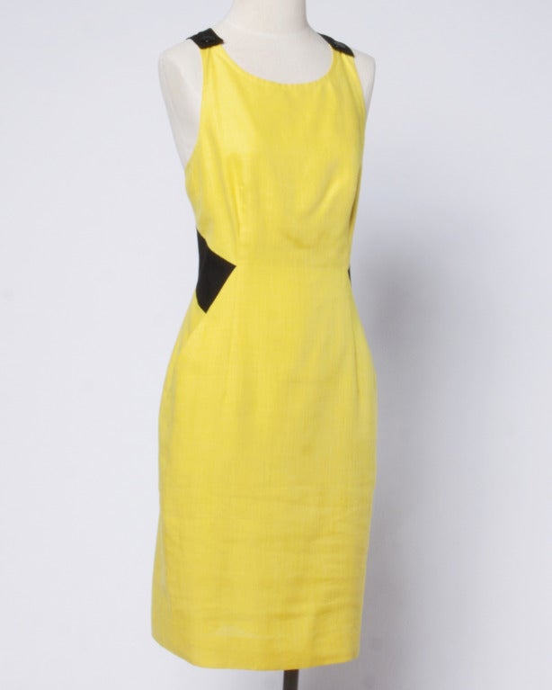 Women's Guy Laroche Vintage 1980s 80s Yellow + Black Open Back Linen Sheath Dress
