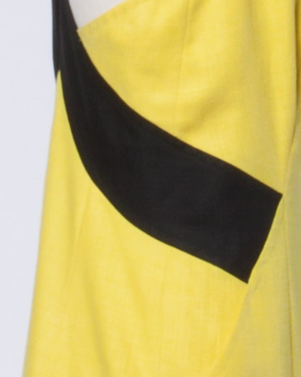 Guy Laroche Vintage 1980s 80s Yellow + Black Open Back Linen Sheath Dress 1