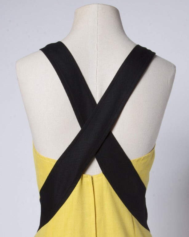 Guy Laroche Vintage 1980s 80s Yellow + Black Open Back Linen Sheath Dress 2
