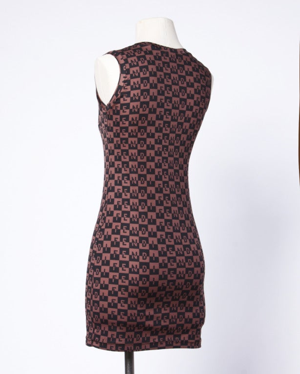 Fendi Mare 1990s 90s Brown + Black Geometric Logo Print Body Con Dress In Excellent Condition In Sparks, NV