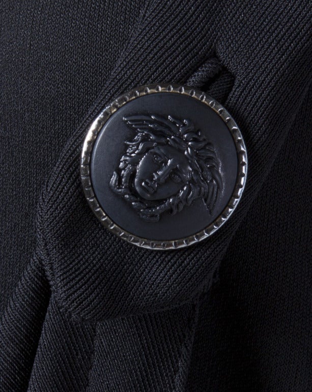 Gianni Versace Couture Vintage 1990s Draped Medusa Button Black Cocktail Dress In Excellent Condition For Sale In Sparks, NV