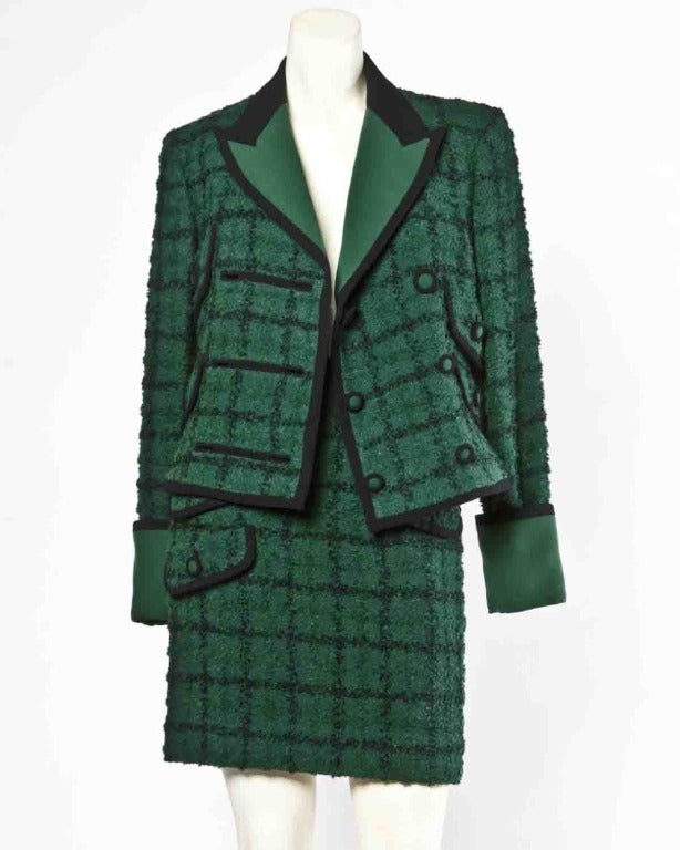 Black Gianni Versace Couture Vintage 1990s Green Boucle Wool Jacket + Skirt Suit Set