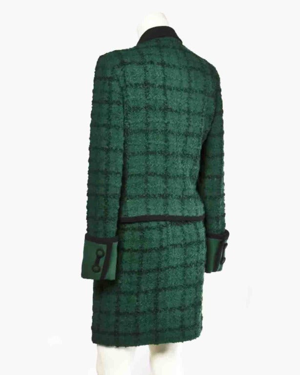 Gianni Versace Couture Vintage 1990s Green Boucle Wool Jacket + Skirt Suit Set In Excellent Condition In Sparks, NV