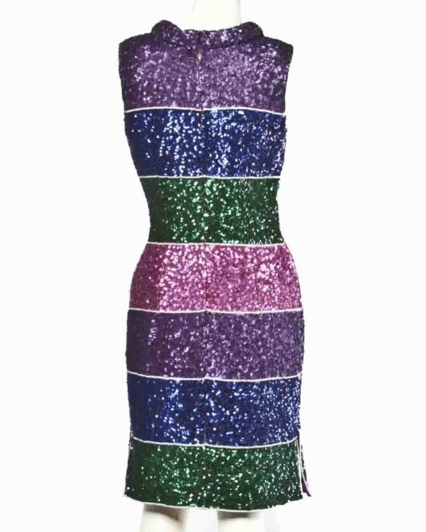 Women's Valentino Vintage 1960s Striped Metallic Sequin Color Block Silk Sheath Dress