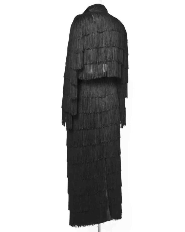 Norma Kamali Omo Vintage 1980s 80s Black Fringe Jacket Skirt 2-Piece Suit Set In Excellent Condition In Sparks, NV