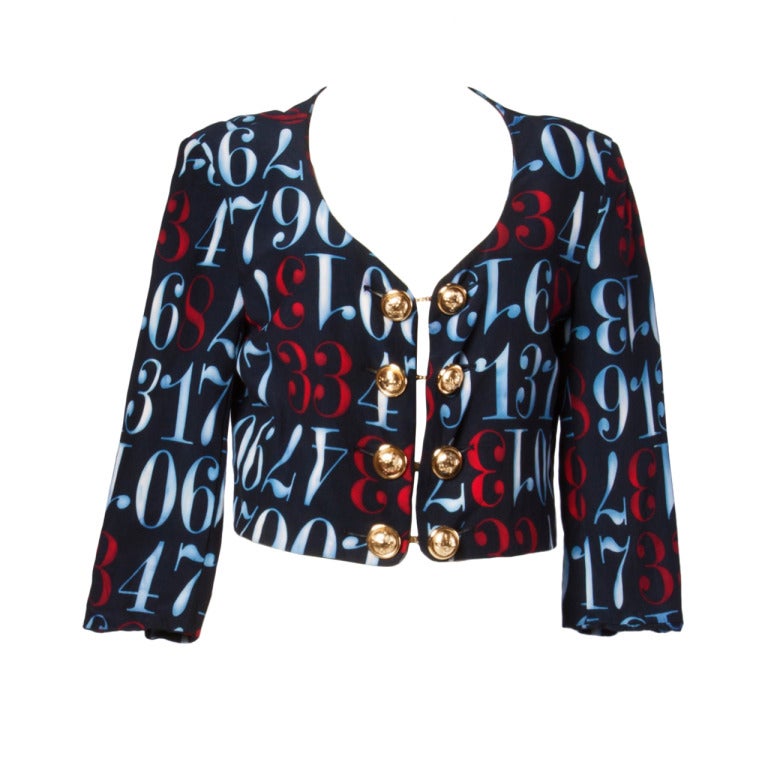 Moschino 1990s 90s Vintage "Numbers" Print Military Cropped Jacket