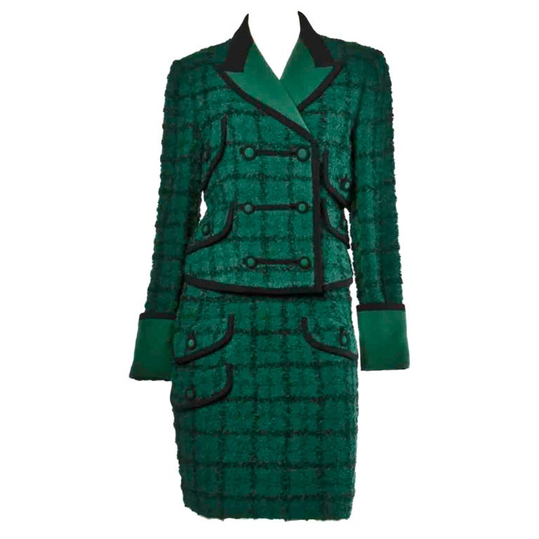 Gianni Versace Couture Vintage 1990s Green Boucle Wool Jacket + Skirt Suit Set