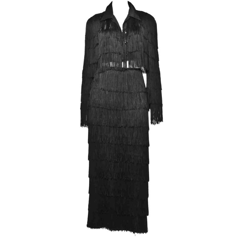 Norma Kamali Omo Vintage 1980s 80s Black Fringe Jacket Skirt 2-Piece Suit Set