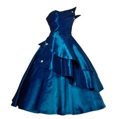 1950er Jahre Blaues trägerloses Cocktailkleid aus Taft