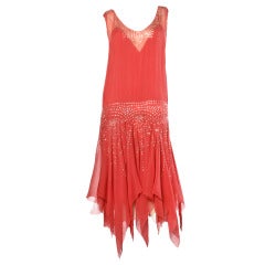 Vintage 1920s Déco Coral Sheer 3-Layer Silk Drop-Waist Rhinestone Flapper Dress