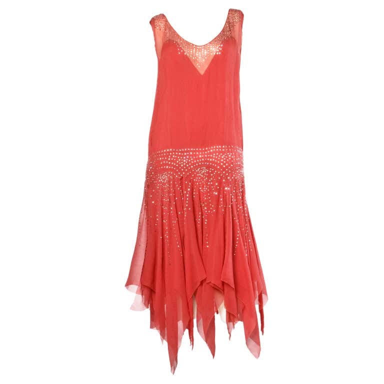 Vintage 1920s Deco Coral Sheer 3-Layer Silk Drop-Waist Rhinestone ...