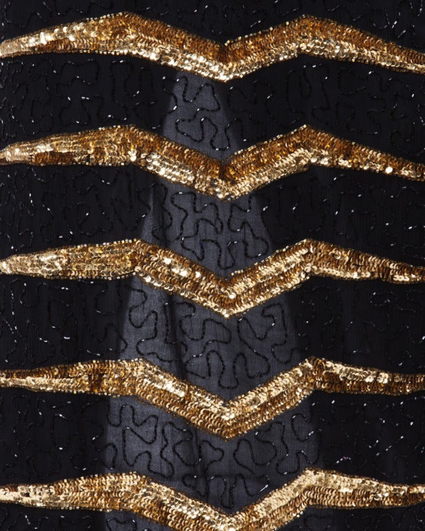 Vintage 1980s Metallic Gold Zig Zag Chevron Black Sequin Beaded Silk Maxi Dress In Excellent Condition In Sparks, NV