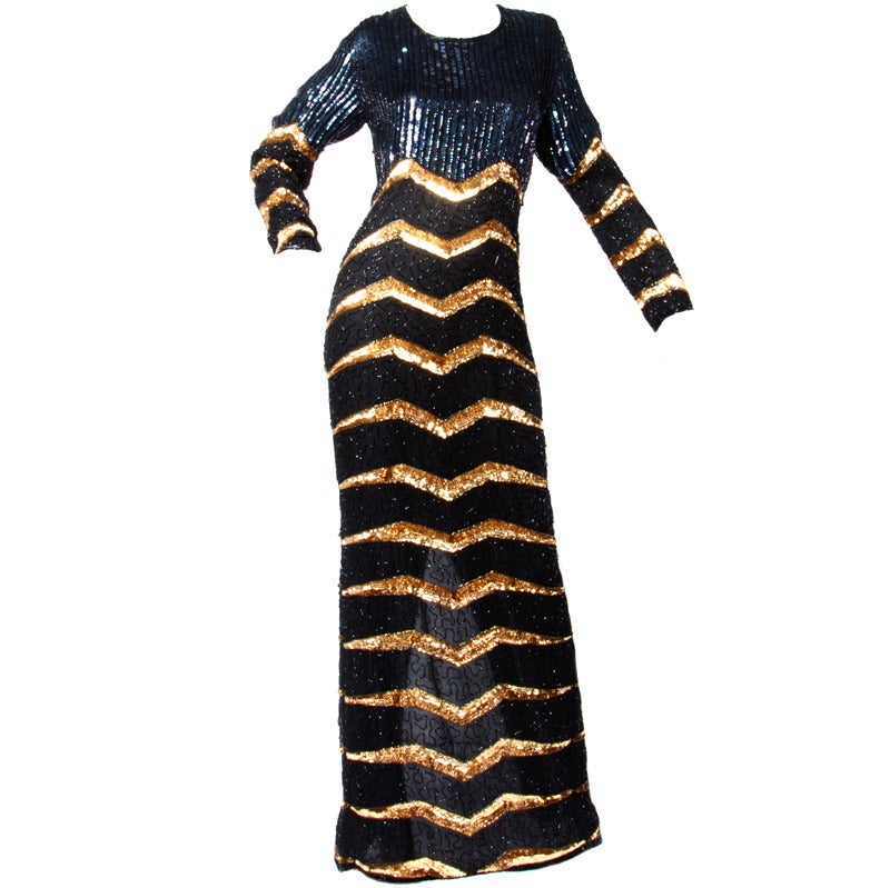 Vintage 1980s Metallic Gold Zig Zag Chevron Black Sequin Beaded Silk Maxi Dress