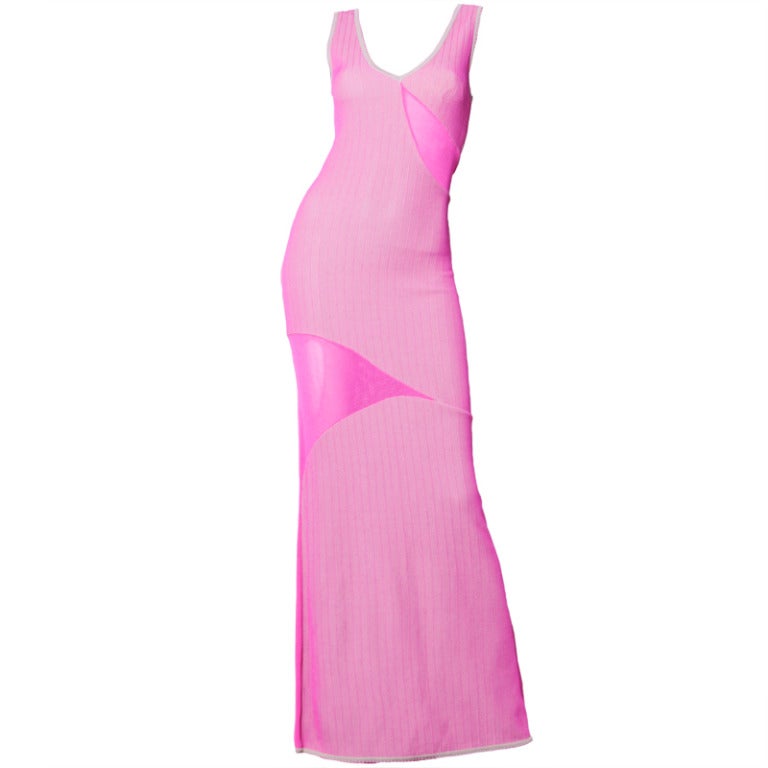 Herve Leger Pink and Gray Knit Cut Out Sheer Mesh Bandage Maxi Dress, 1990s 