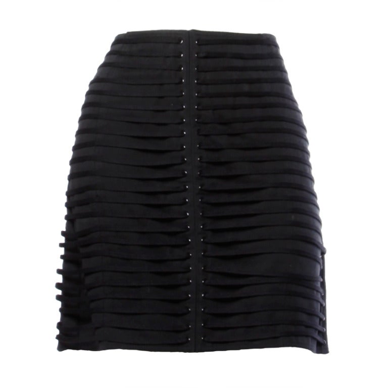 Krizia Vintage Black 3D Avant Garde Rivet / Shoestring Striped Mini Skirt, 1990s For Sale