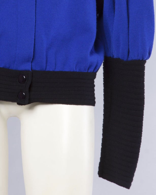 Women's Nina Ricci Vintage 1980s 80s Cobalt Blue Black Avant Garde Knit Sweater Jacket