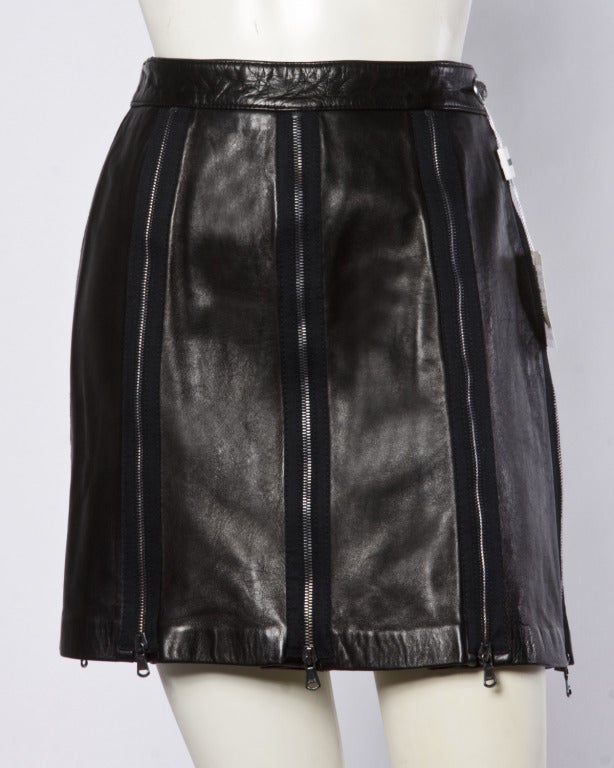 Unworn Vintage Moschino Black Leather  Zipper Skirt Original Tags Attached In New Condition In Sparks, NV