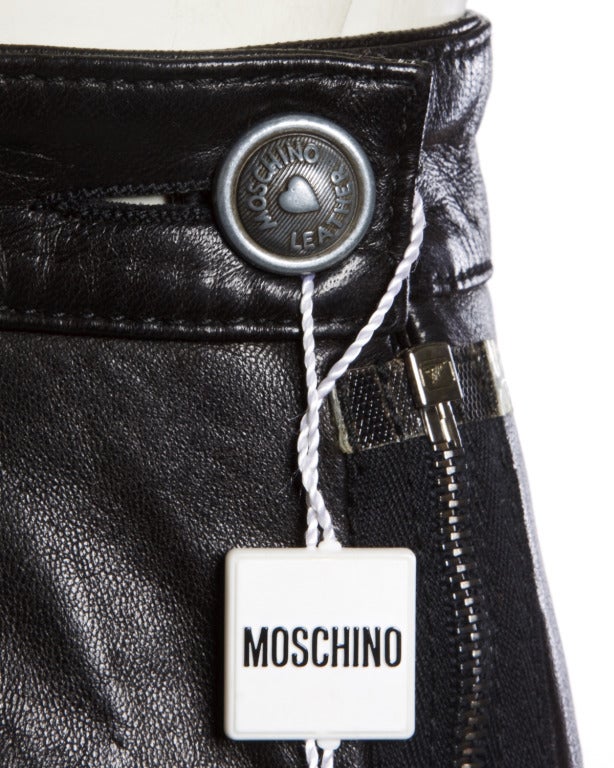 Unworn Vintage Moschino Black Leather  Zipper Skirt Original Tags Attached 2