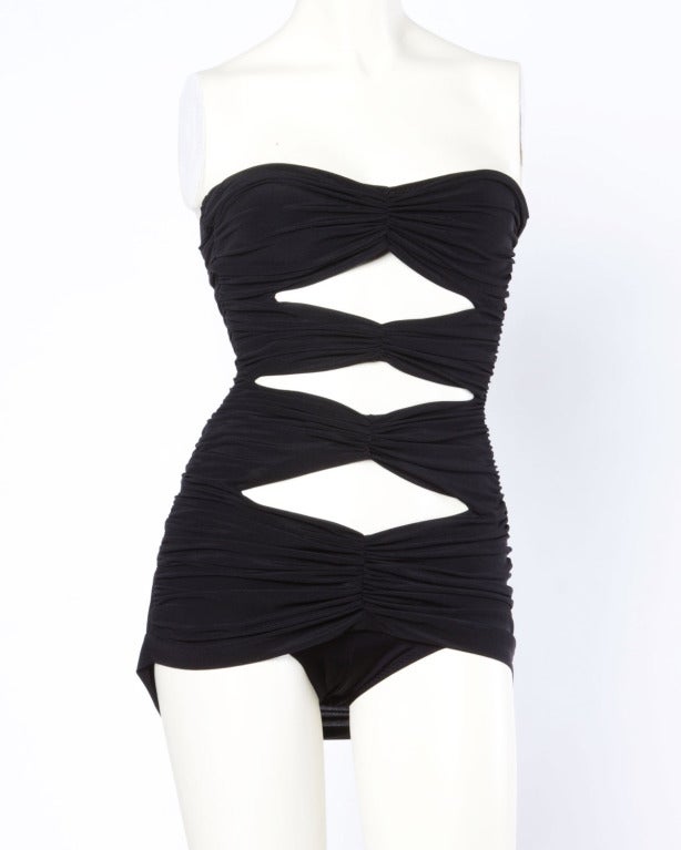 Norma Kamali Omo Vintage 1980s 80s Black Cut Out Ruched Swimsuit or ...