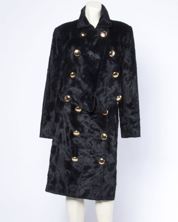 Gianfranco Ferre Vintage 1980s 80s Synthetic Fur Military 2-Piece Jacket + Skirt Suit Set