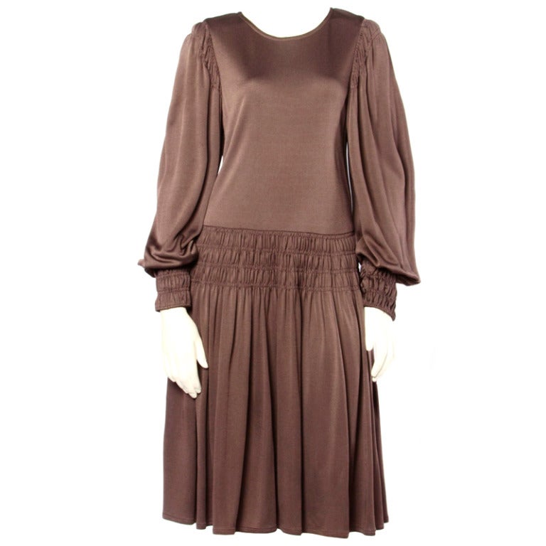 Bill Blass for Saks Fifth Avenue Ruched Brown Jersey Knit Dress For Sale
