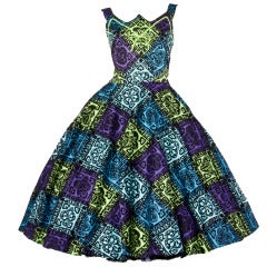 Retro 1950s 50s Hawaiian Tiki Print Green Blue & Purple Full Sweep Circle Dress