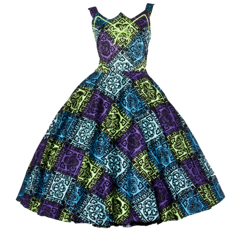 Vintage 1950s 50s Hawaiian Tiki Print Green Blue & Purple Full Sweep Circle Dress