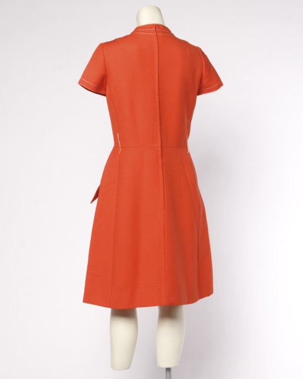 Pat Sandler Vintage 1960s 60s Tomato Red-Orange Mod Wool Shift Dress 1