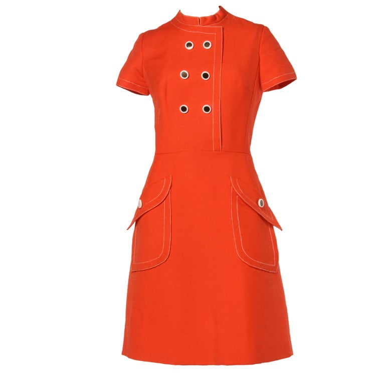 Pat Sandler Vintage 1960s 60s Tomato Red-Orange Mod Wool Shift Dress