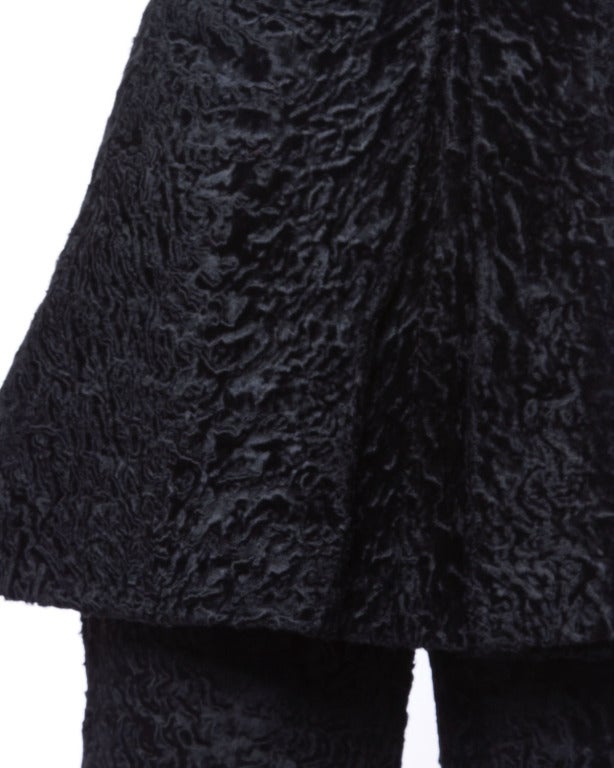 Black 1960s Vintage Astrakhan Broadtail Lamb Fur Mini Dress + Pants 2-Piece Ensemble For Sale