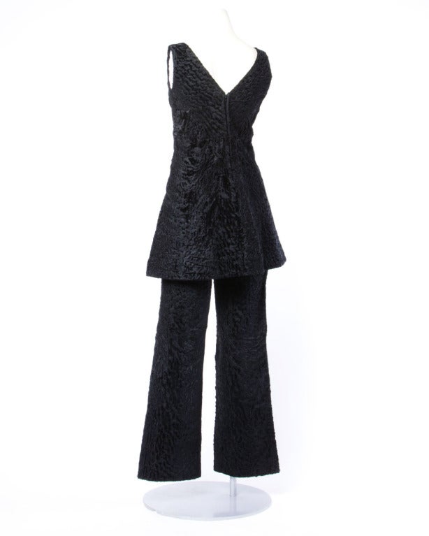 Women's 1960s Vintage Astrakhan Broadtail Lamb Fur Mini Dress + Pants 2-Piece Ensemble For Sale