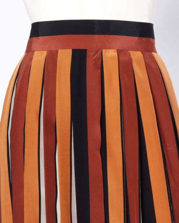 Women's Givenchy Nouvelle Boutique 1970s 70s Pleated Silk Striped Color Block Skirt