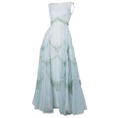 Emma Domb Vintage 1960s 60s Sheer Mint Green-Blue Sequin Maxi Dress/ Gown