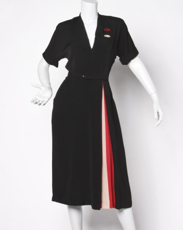 Vintage 1940s 40s Asymmetric Black Red Pink Color Block Dress + Belt